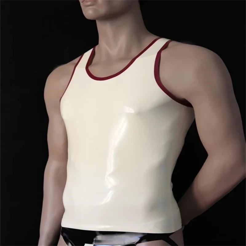 Men's White Top Slim Latex Sleeveless Shirt with Red Trims Design 100% Handmade Crafts 
Men's White Top Slim Latex Sleeveless Shirt with Red Trims Design 100% Handmade Crafts