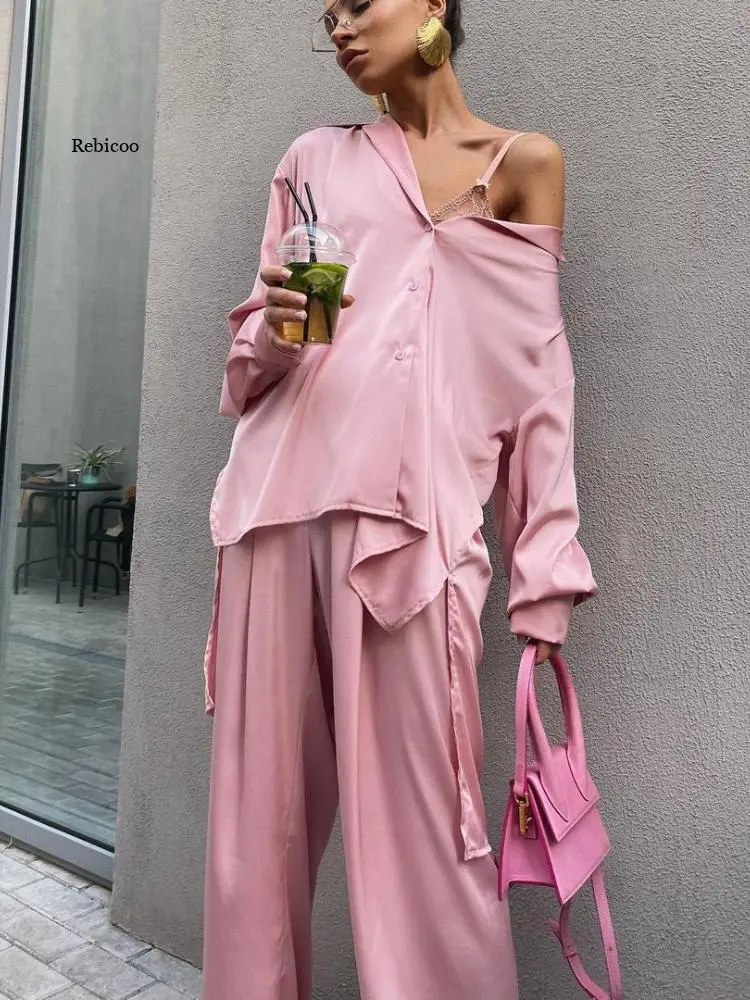 

Женский комплект из двух предметов, Элегантный Розовый Атласный топ свободного покроя с высокой талией и длинными рукавами, Повседневная рубашка с широкими штанинами, весна-лето 2022