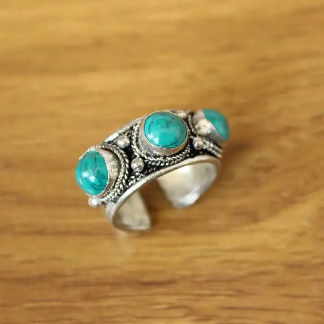 Bague Tibétaine Réglable en Métal Argenté Incrusté de Trois Perles de Pierre Turquoises, à Dos Ouvert, RG358 1