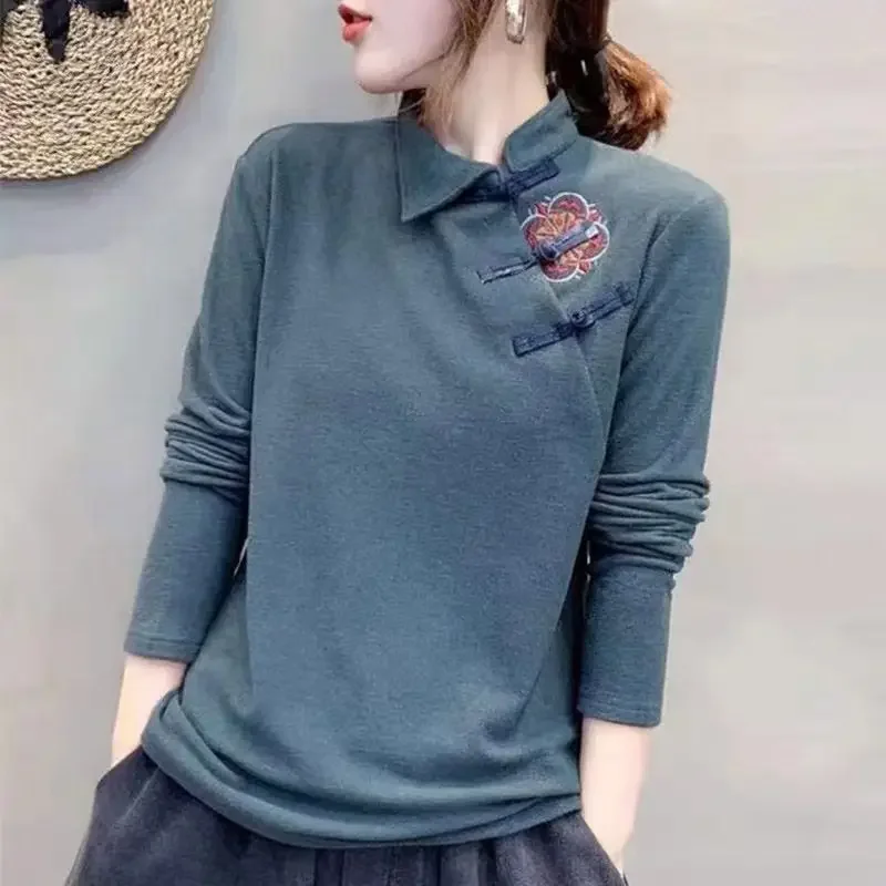 Рубашка на пуговицах в этническом стиле, женская одежда на осень и зиму, свободная облегающая футболка в стиле ретро с диагональным воротником и длинными рукавами, LU388 
Рубашка на пуговицах в этническом стиле, женская одежда на осень и зиму, свободная облегающая футболка в стиле ретро с диагональным воротником и длинными рукавами, LU388