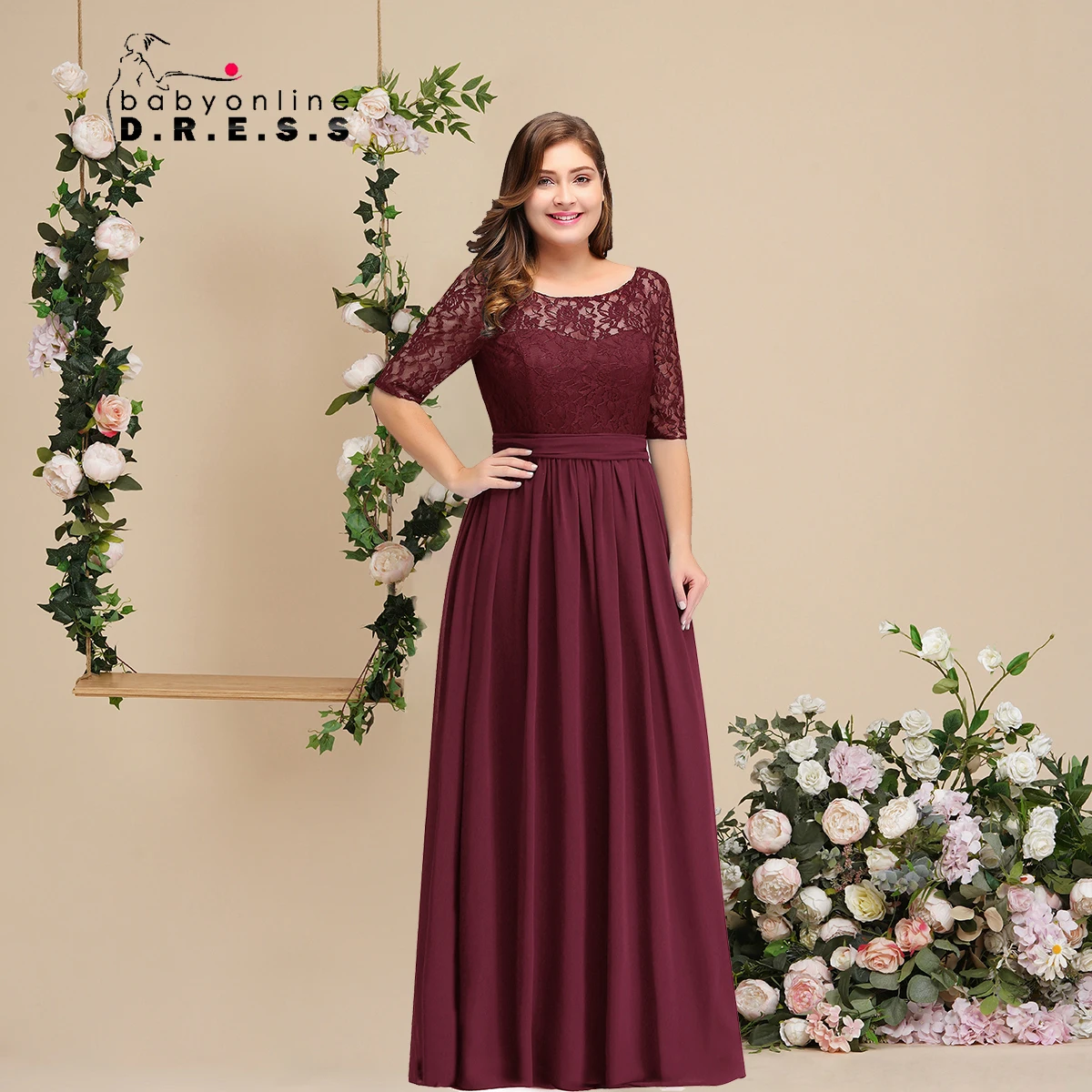 

BABYONLINE Burgundy Bridesmaid Dress with a 3/4 Aleeved Chiffon Dress with Lace Bodice Illusion Sleeve Fully Lined Zip up Back