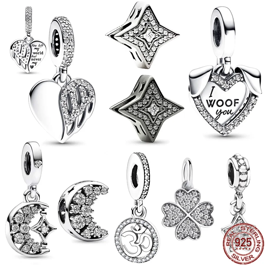 

NEW 925 Sterling Silver Sparkling Four-Leaf Clover & Angel Heart Dangle Charm Bead Fit Original Pandora Bracelet Women Jewelry
