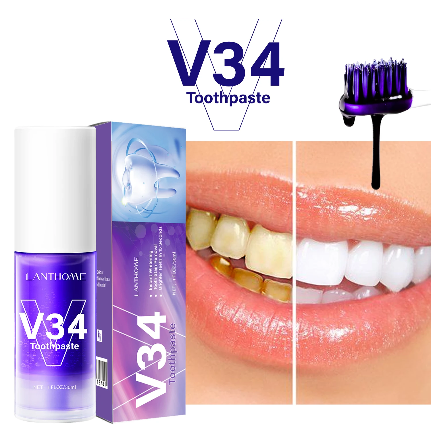 

V34 Teeth Whiteing Mousse Professional Lanthome 30ml Purple Toothpaste Corrector Deep Cleaning Smoke Coffee Stain Removal Foam