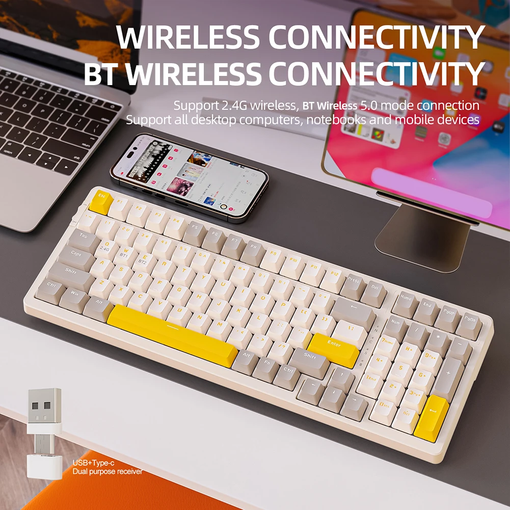 K96 Bluetooth-Compatible 5.0 Wireless Mechanical Keyboard 100 Keys Hotswap 2.4G USB/Type-C Dual-mode Mechanical Gaming Keyboards 
K96 Bluetooth-Compatible 5.0 Wireless Mechanical Keyboard 100 Keys Hotswap 2.4G USB/Type-C Dual-mode Mechanical Gaming Keyboards