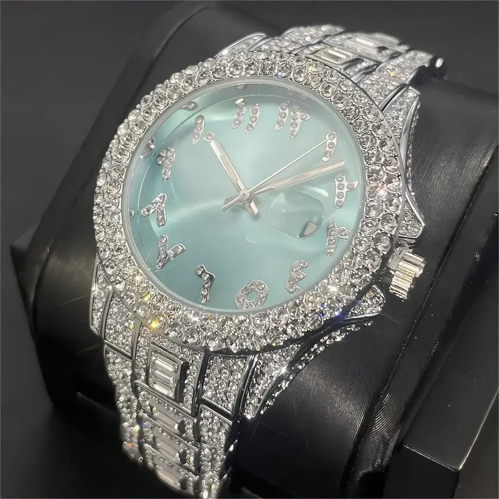 

Luxury Iced Diamond Watch for Mens Brand Tiffany Blue Quartz Wrist Watch Fashion Hip Hop Arabic Watches Male Reloj Dropshipping