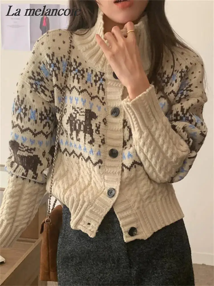 

Ugly Christmas Sweaters For Women Vintage Jacquard Turtleneck Knitted Cardigan Jumpers 2024 New Casual Button Up Loose Knitwear