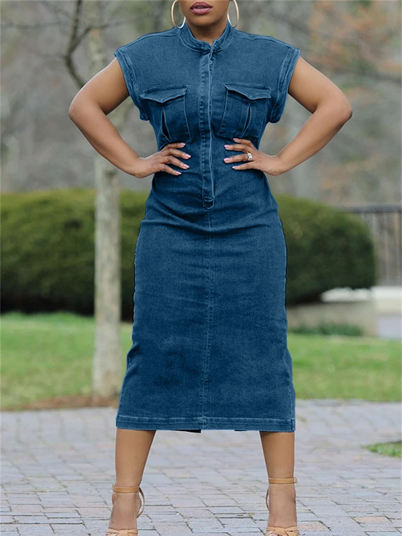 Fashion Denim Dresses for Women Summer Clothing Stand Collar Short Sleeve Bodycon Midi Dress Street Vintage Jeans Dress Vestidos
Fashion Denim Dresses for Women Summer Clothing Stand Collar Short Sleeve Bodycon Midi Dress Street Vintage Jeans Dress Vestidos