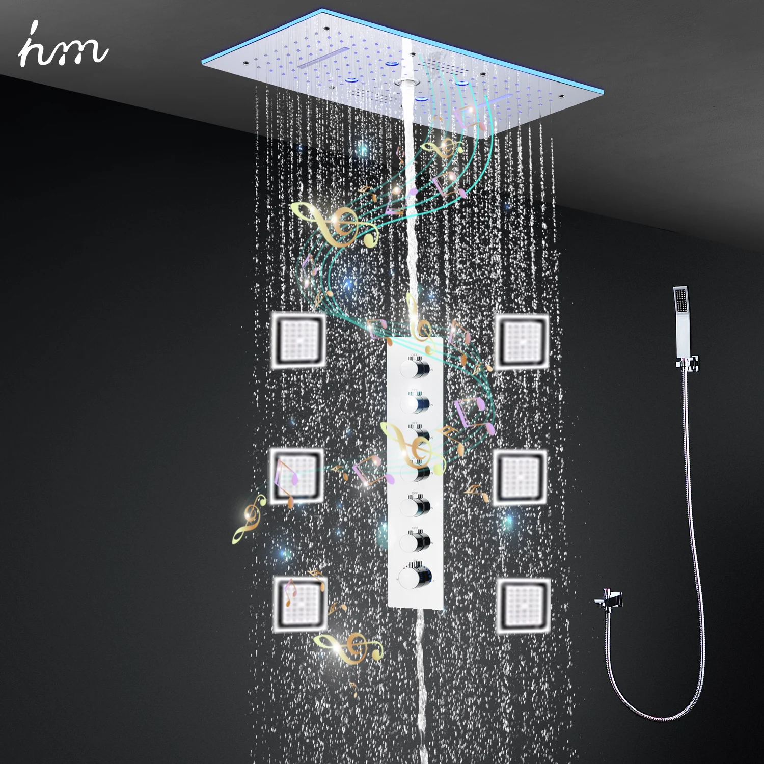 

hm Europe Style Rainfall Waterfall Shower Head Large Ceiling Music LED Shower System Set Thermostatic Mixer Valve Lateral Jets