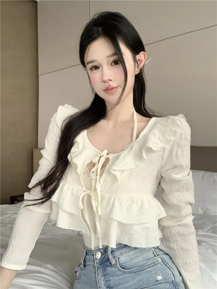 Crop Tops Blouse Women Bandage Long Sleeve Shirts Lace Sling Vest Sets Fashion Summer 2 Puece Set Roupas Femme Korean Outfits
Crop Tops Blouse Women Bandage Long Sleeve Shirts Lace Sling Vest Sets Fashion Summer 2 Puece Set Roupas Femme Korean Outfits