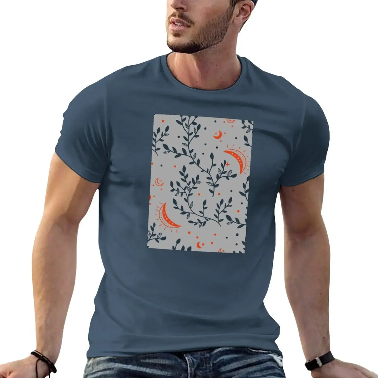 

Blue Leaves + Moon Detail Pattern T-Shirt plain customs design your own vintage mens graphic t-shirts big and tall