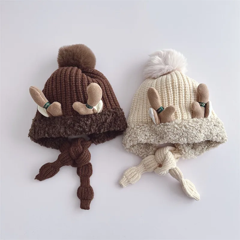 

52-55cm Christmas Deer Lamb Fleece Ear Protection Hat 2023 Autumn/Winter Cute Lei Feng Hat Warm and Thick Knitted Pullover Hat