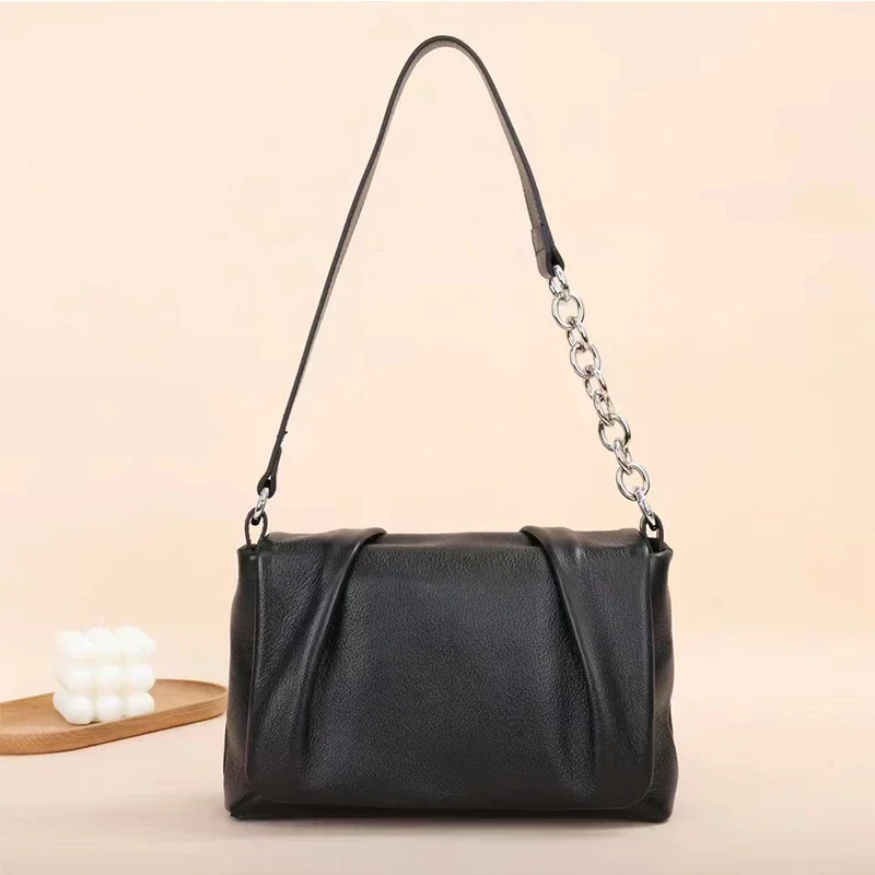 

Genuine Cow Leather Elegant Ladies Flap Over Chain Shoulder Bags Fashion Wrinkle Leather Design Cowhide Crossbody Bag for Women