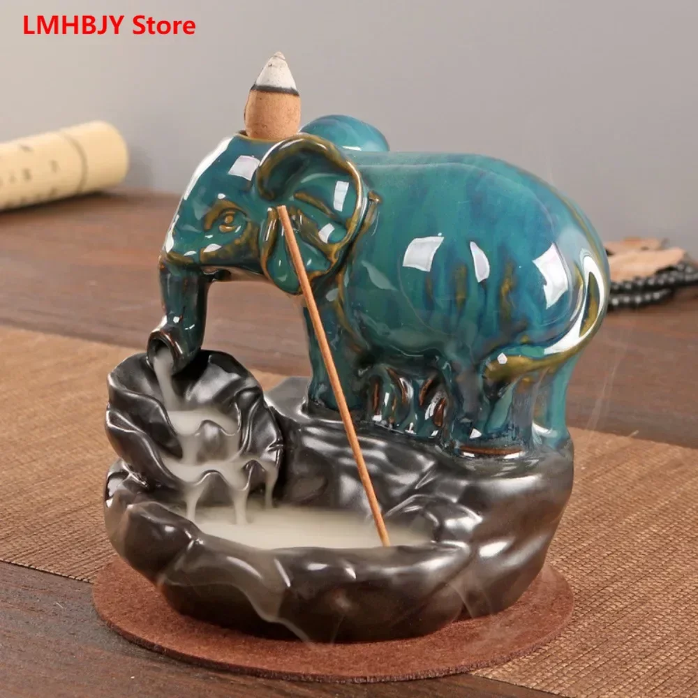 

LMHBJY Elephant Blue Backflow Incense Stove Creative Desktop Decoration American Ceramic Incense Stove Waterfall Incense Seat