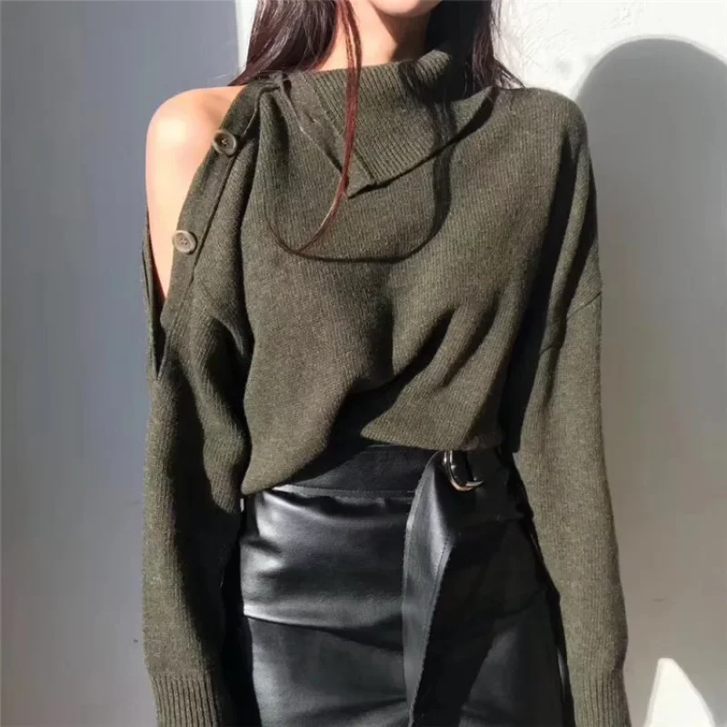 

New Winter Fall Elegant Women Sexy Hollow Out Sweaters Turtleneck Casual Solid Pullovers Female Loose Knitted Tops Outwear Khaki
