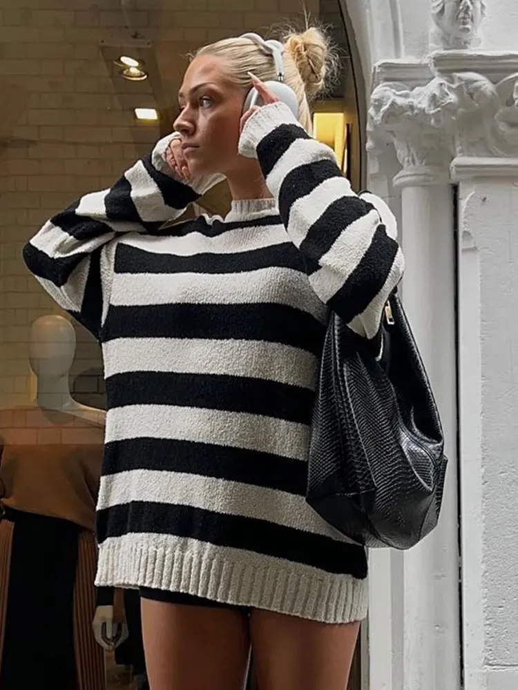 

Striped Rib Hem Knit Sweater For Women Casual Loose Crew Neck Long Sleeve Pullover Female Fashion High Street Oversized Tops