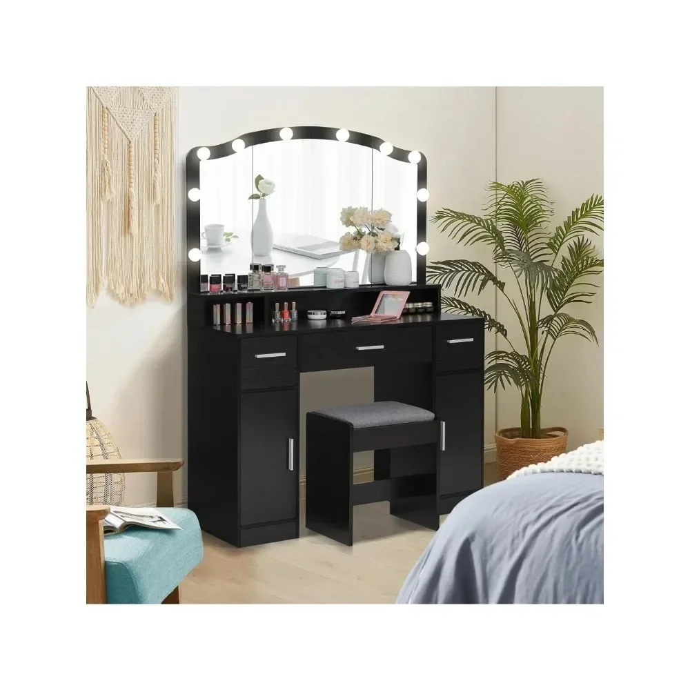 Dresser, 43.3" with Illuminated Mirrors, 10 LED Lights with 3 Drawers, 2 Cabinets and Long Storage Shelves with Stools, Dresser
Dresser, 43.3" with Illuminated Mirrors, 10 LED Lights with 3 Drawers, 2 Cabinets and Long Storage Shelves with Stools, Dresser