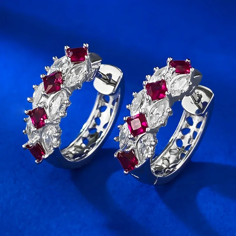 

Pigeon Blood Red Diamond S925 Silver Women's Fashion Colorful Treasure Artificial Diamond Earrings Daily Style