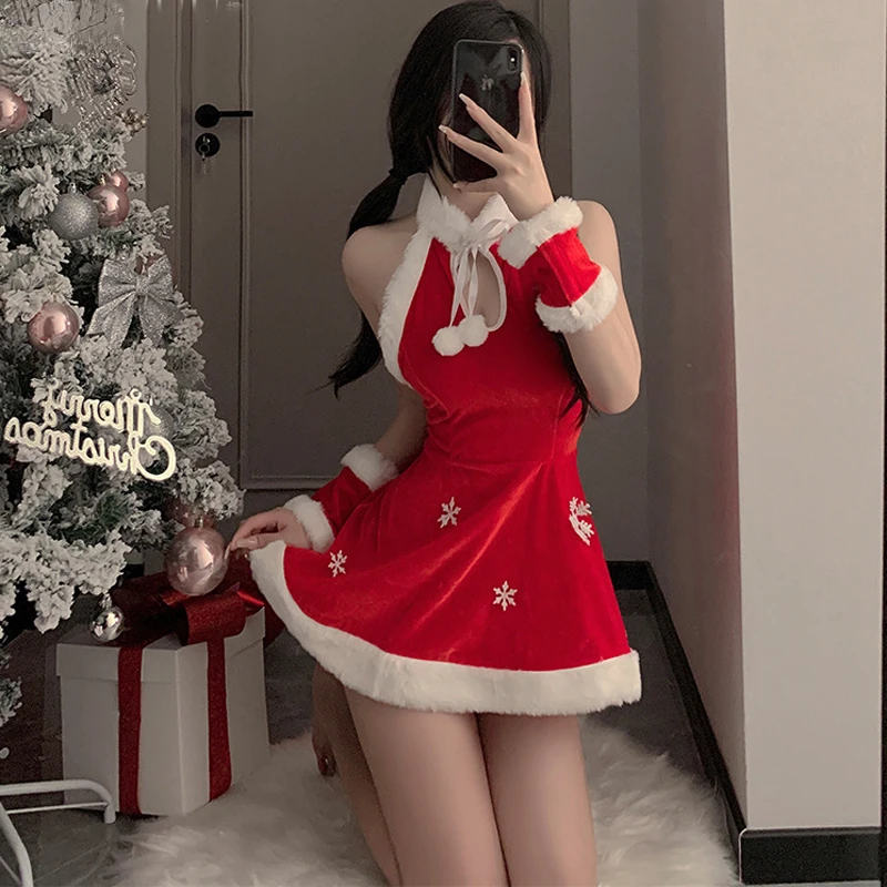 

Christmas Girl Plush Short Halter Backless Dress Santa Claus Uniform Women Snowflake Outfits New Year Red Costumes Cosplay Girl