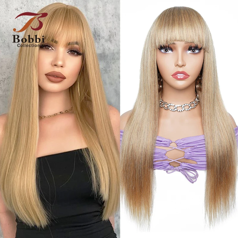 

#27 Honey Blonde Glueless Remy Human Hair Wigs Full Wig with Bang Straight Machine Made with Fringe Bobbi Collection