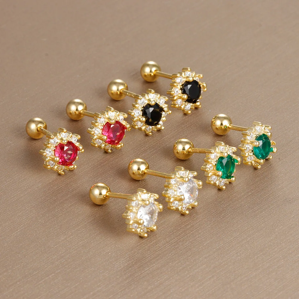 

1Pair Colorful Big Zircon Flower Studs Earrings Stainless Steel Crystal Ear Bone Stud Women Cartilage Earring Piercing Jewelry