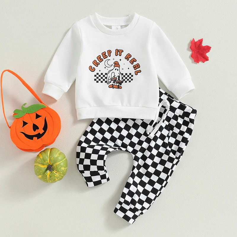 

2023-06-28 Lioraitiin 0-24M Baby Boy Girl 2Pcs Fall Outfit Set Letters Ghost Print Sweatshirt with Plaid Sweatpants Halloween