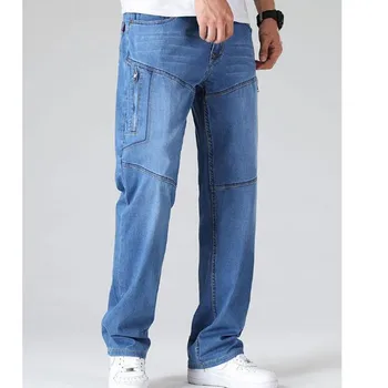 Straight Jeans Man Jeans Spring Summer Thin Overall Loose Cargo Pants Elasticity Men‘s Long Trousers Bottoms Size 28-46 48