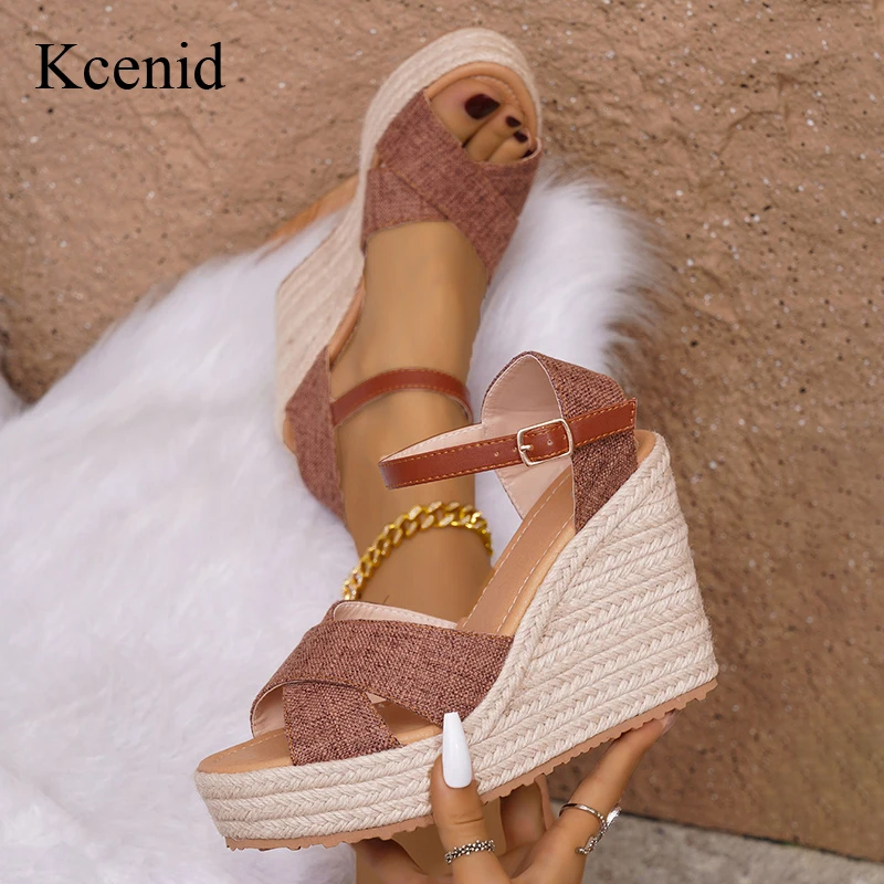 

Kcenid New Summer Shoes Woman Open Toe Platform Wedge Roman Sandals High Heels Gladiator Ankle Strap Sandals Plus Size 36-42