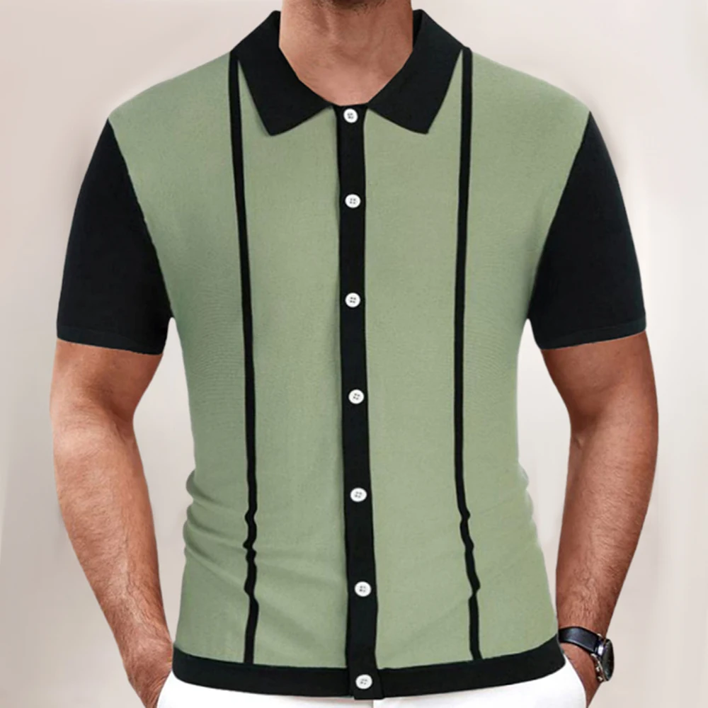 

Новинка весна-лето 2024, стильная мужская Повседневная деловая рубашка-поло, винтажная однобортная трикотажная футболка контрастных цветов
