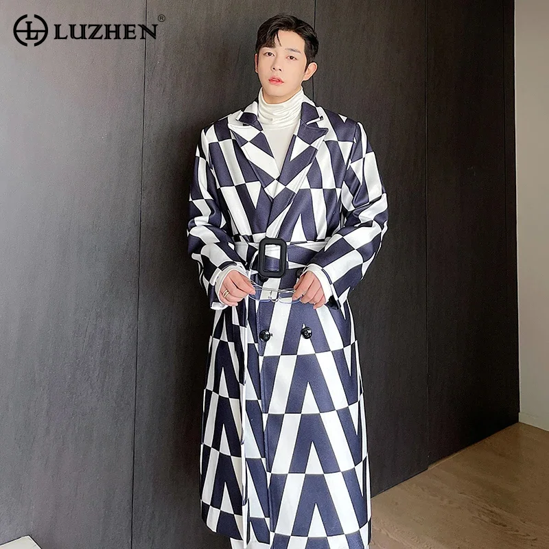 

LUZHEN 2024 New Fashion Color Contrast Plaid Long Trench Coat Men's Trendy Elegant Belt Tie Up Waist Design Windbreaker 7709fc
