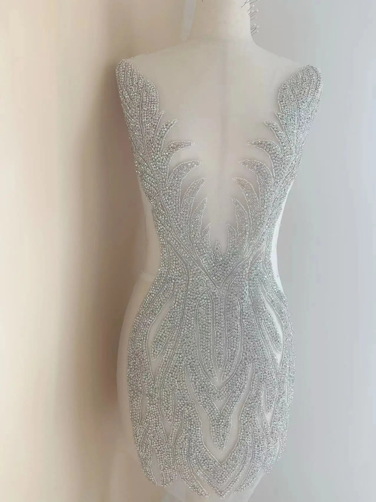 

Large Silver Rhinestone Front Patch Heavy Beaded Deep V Neckline Crystal Applique for Iridescent Couture,Wedding Dress,Ball Gown