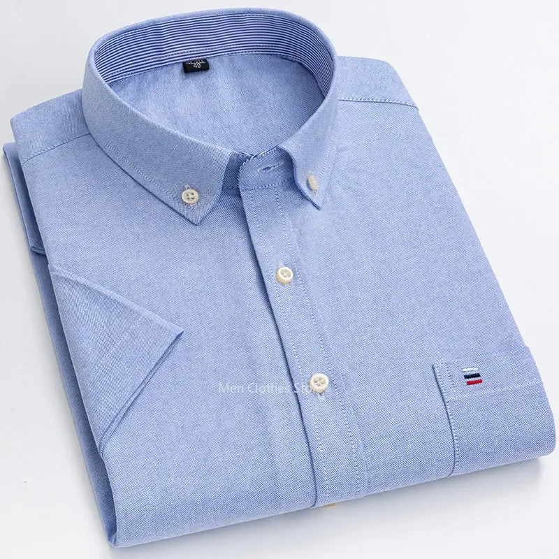 

Men's Oxford Short Sleeve Square Collar Soild Plaid Striped Summer Casual Shirts Single Pocket Comfortable Cotton Shirt