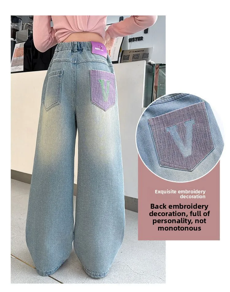 بنطلون جينز واسع الساق للفتيات بخصر مرتفع وطويل، ملابس أطفال عصرية متعددة الاستخدامات لفصل الخريف من ماركة يو بيجيا مع حزام مطرز بنطلون جينز واسع الساق للفتيات بخصر مرتفع وطويل، ملابس أطفال عصرية متعددة الاستخدامات لفصل الخريف من ماركة يو بيجيا مع حزام مطرز