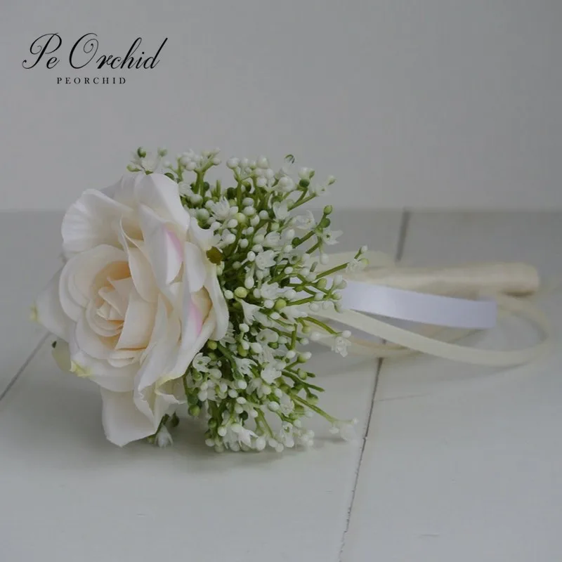 

PEORCHID Cute Ivory Flower Girl Wand Artificial Ivory Rose Baby Breath Wedding Flower Bouquet Faux Bridesmaid Bouquets