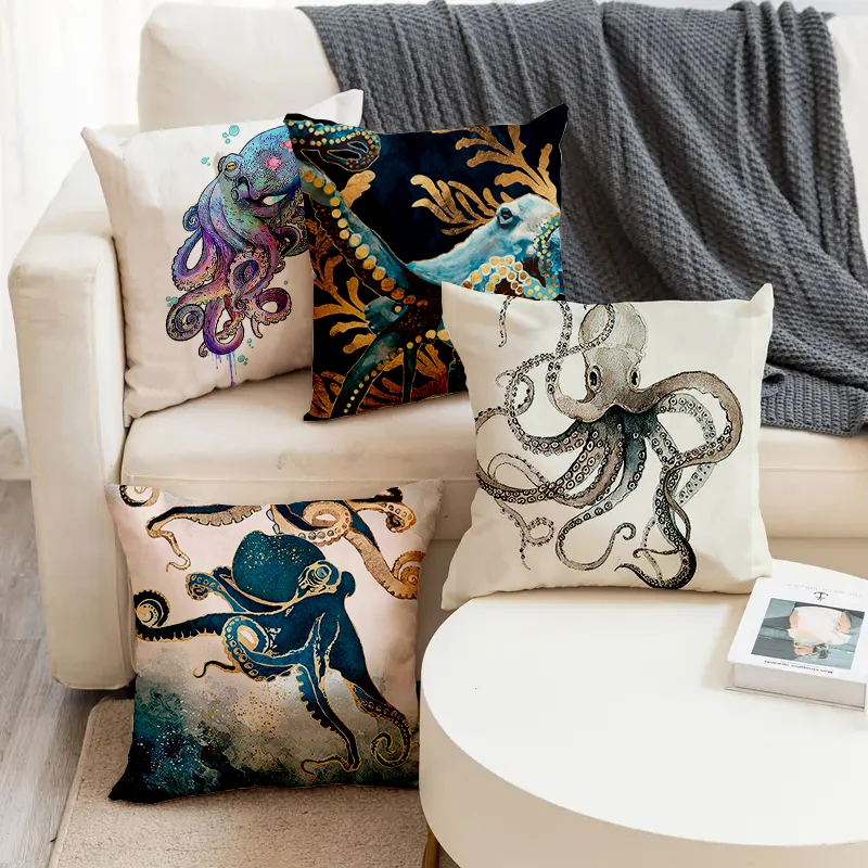 

Sea Marine Animal Ocean Octopus Printed Soft Square Pillowslip Linen Blend Cushion Cover Pillowcase Living Room Home Decor