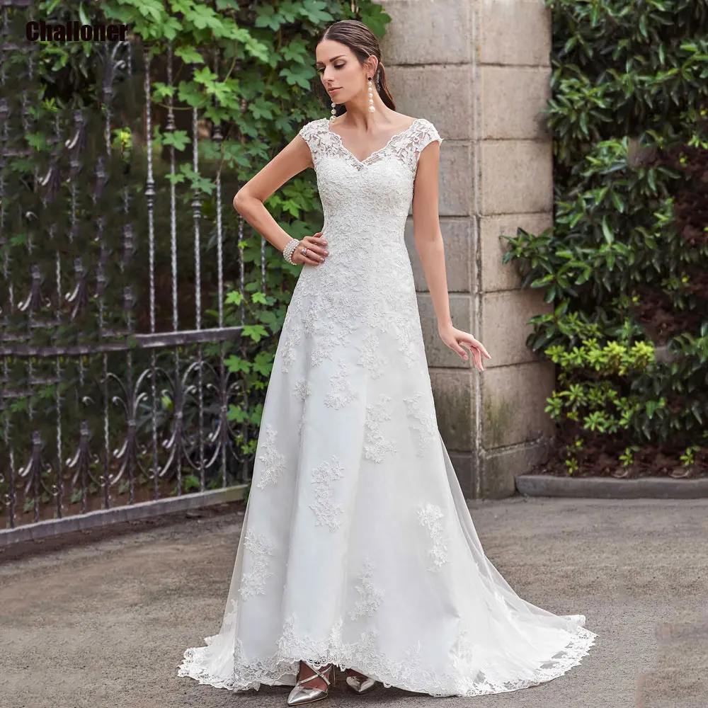 

Challoner Elegant Lace Appliques Wedding Dress V-Neck Cap Sleeves Illusion Back A-line Bridal Gown Button Vestidos De Novia New
