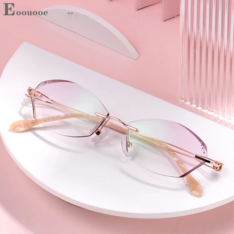 Crystal Designer Eyeglasses Women Rimless Glasses Frame Gradient Pink Lenses Female Myopia Prescription Reading Spectacles 
Crystal Designer Eyeglasses Women Rimless Glasses Frame Gradient Pink Lenses Female Myopia Prescription Reading Spectacles