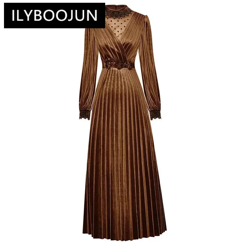 

ILYBOOJUN Fashion Designer Autumn Velvet Long Dress Women Stand-up collar Embroidery Mesh High waist Sashes applique Solid Dress