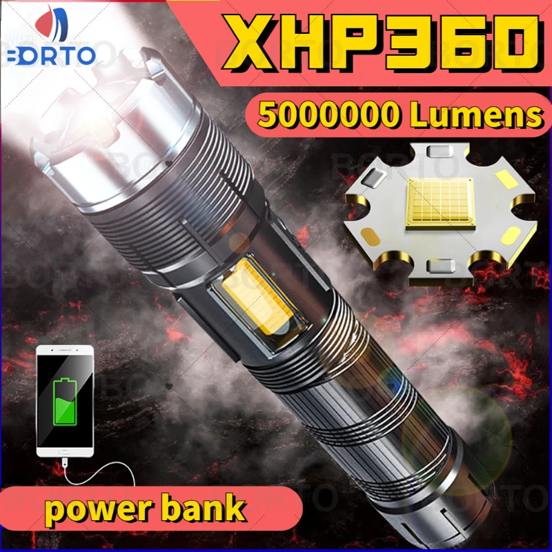 

XHP360 Strong Light Tactical Flashlight High Power Outdoor Camping Waterproof Zoomable Lantern 7 Modes USB Rechargeable Torch