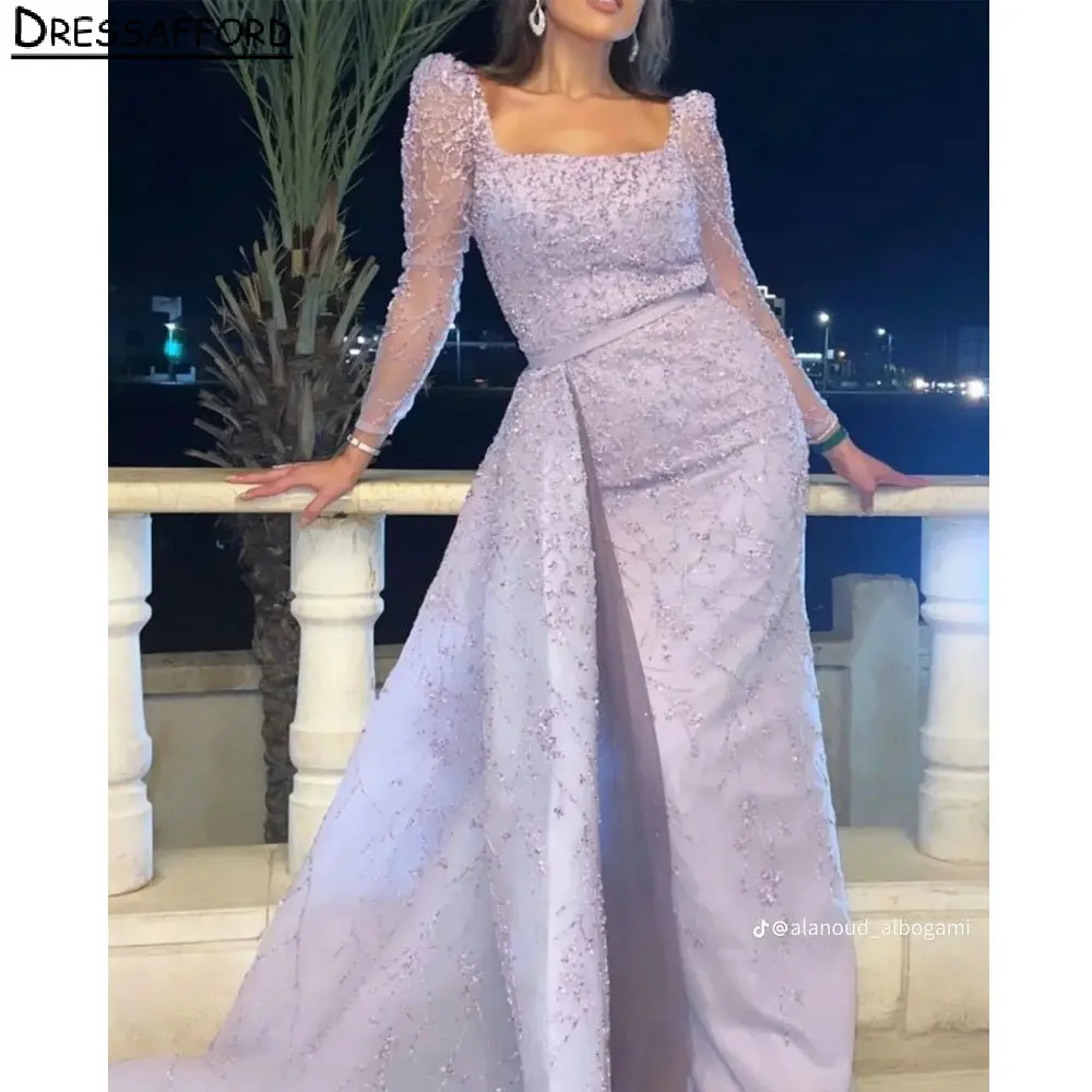 Lilac Long Sleeve Sequined Beading Dubai Evening Dress Sheath Square Collar Ribbons Saudi Arabic Formal Party Gown
Lilac Long Sleeve Sequined Beading Dubai Evening Dress Sheath Square Collar Ribbons Saudi Arabic Formal Party Gown
