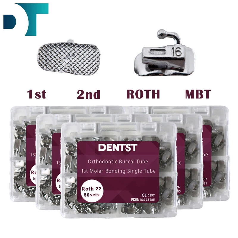 

50Sets/200pcs Orthodontics Dental 1st 2nd Molar Bondable Buccal Tubes Non-Convertible Mesh Base Single Tube Roth MBT 0.022