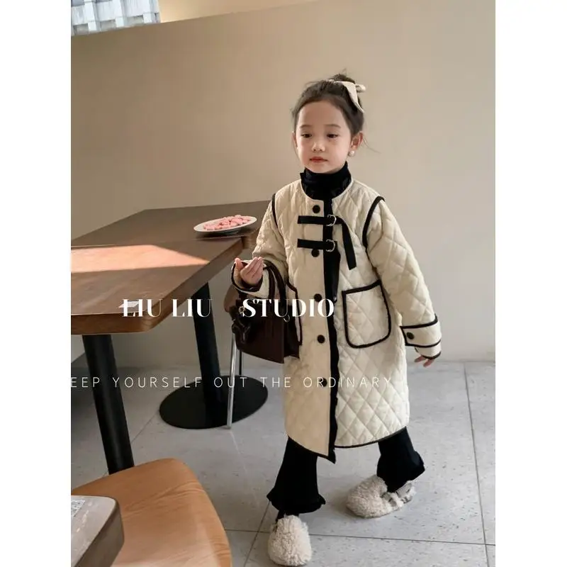 

Coats Childrens Clothing Long Cotton Coat Thickening Lattice Girls Winter Korean Loose Casual Long Sleeve Pocket Soild