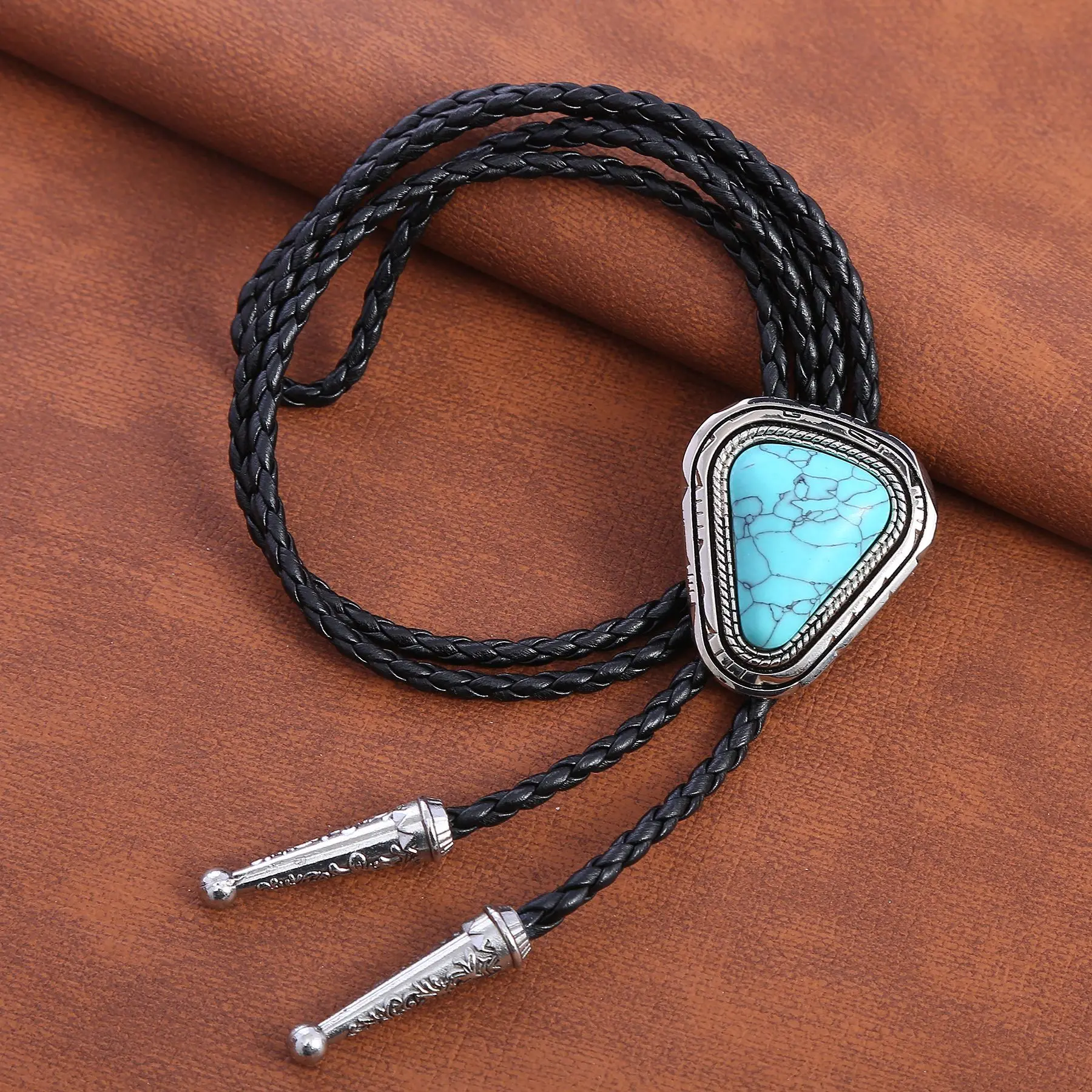 

New Navajo triangle turquoise bolo tie collar rope American western denim bolo tie