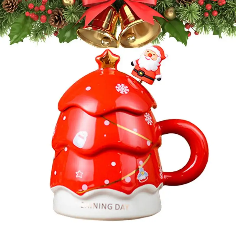 

Рождественская кофейная кружка в форме рождественской елки, керамическая чашка с крышкой, кружка большой емкости, кофейная чашка с чайной ложкой Санты, подарок