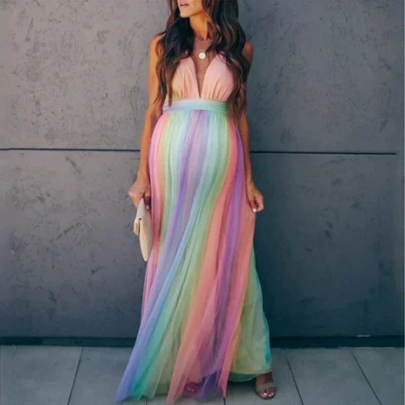 

Sexy Maternity Dresses Photography Party Rainbow Tulle Pregnant Women Maxi Gown Long Pregnancy Photo Shoot Prop for Baby Showers