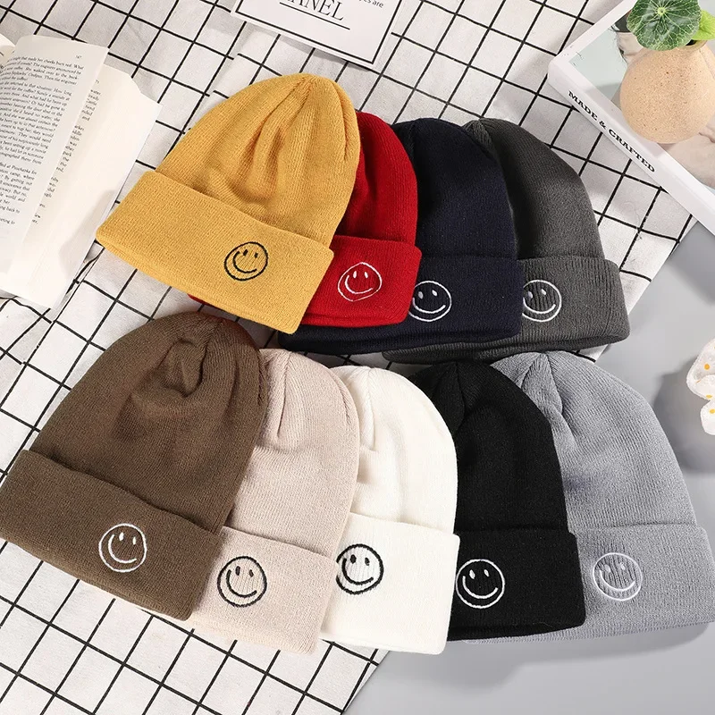 

Winter Hats For Women Men Autumn Winter Embroidery Smile Knitted Hat Female Outdoor Bonnets Women Hat Skullies Beanies