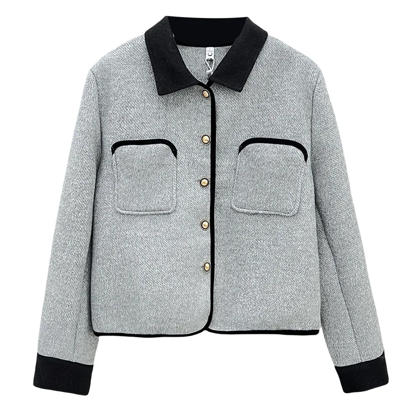

100KG Spring Autumn Fashion Color Contrast Double Faced Woolen Coat Plus Size Women's Chic Short Jacket 1764