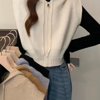 Sweater Vest Women Knitting Hooded Creativity All-match Modern Spring Korean Style Solid Retro Ladies Simple Popular Classic New