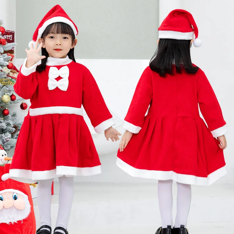 

3pcs Kids Christmas Santa Claus Costume Girls Santa Claus Father Christmas Set with Gift Bags Dress Up Clothes Party Carnival