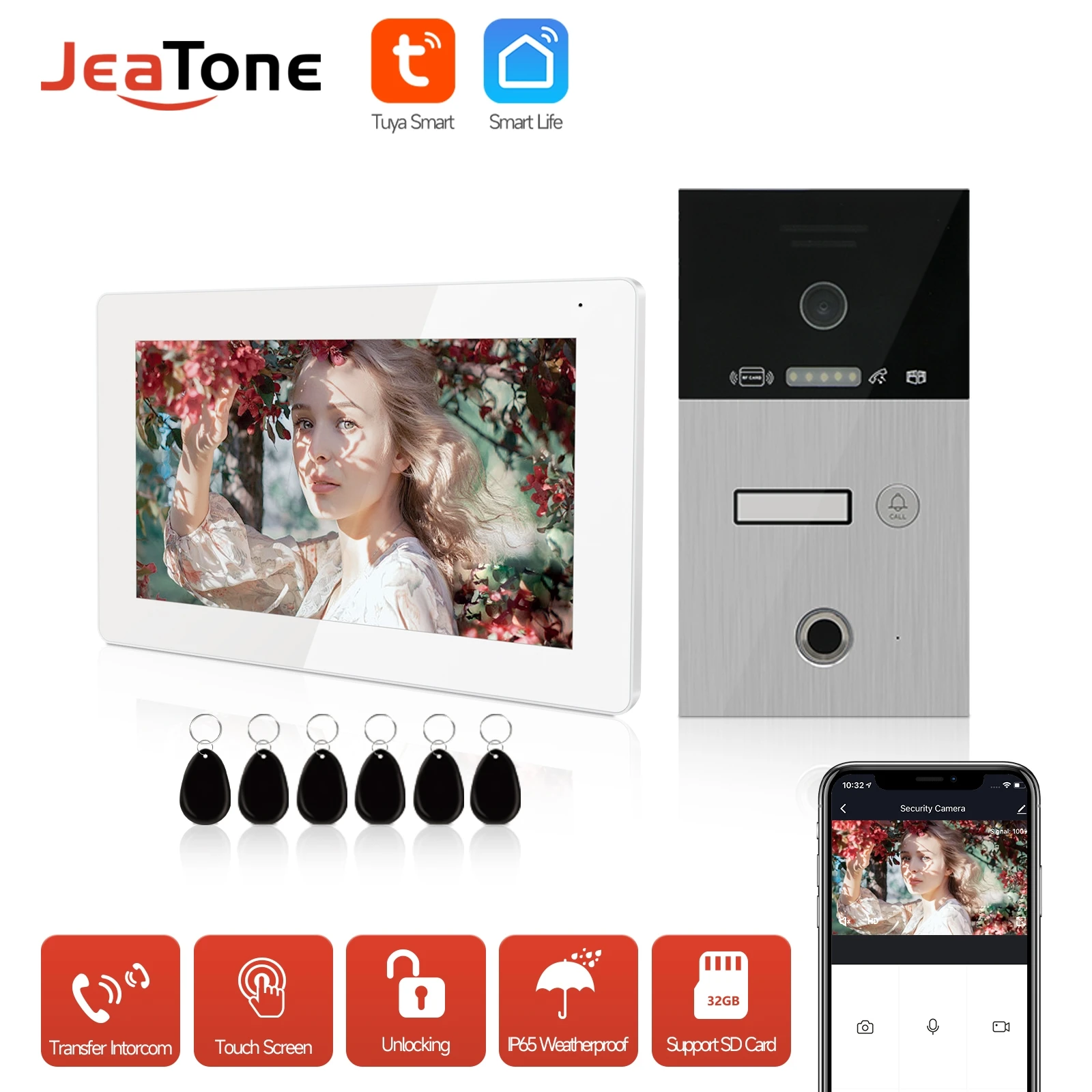 

Jeatone TUYA 7” WIFI IP Video Intercom for Home/ in the Apartments 1F/2F/3F Security Protection Doorbell Fingerprint RFIC Coder