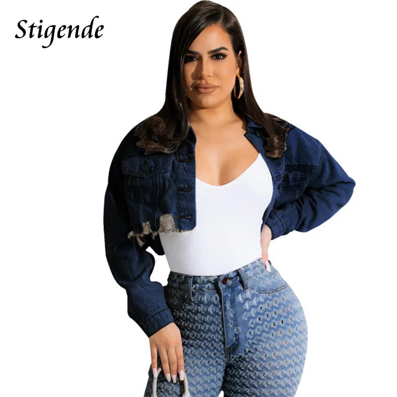 

Stigende Ripped Crop Denim Jacket Women Single Breasted Shredded Jeans Short Coat Long Sleeve Turn Down Collar Button Tops